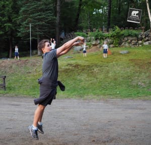 During free time after dinner, campers initiate games of basketball, tetherball, frisbee, or "GaGa Ball"